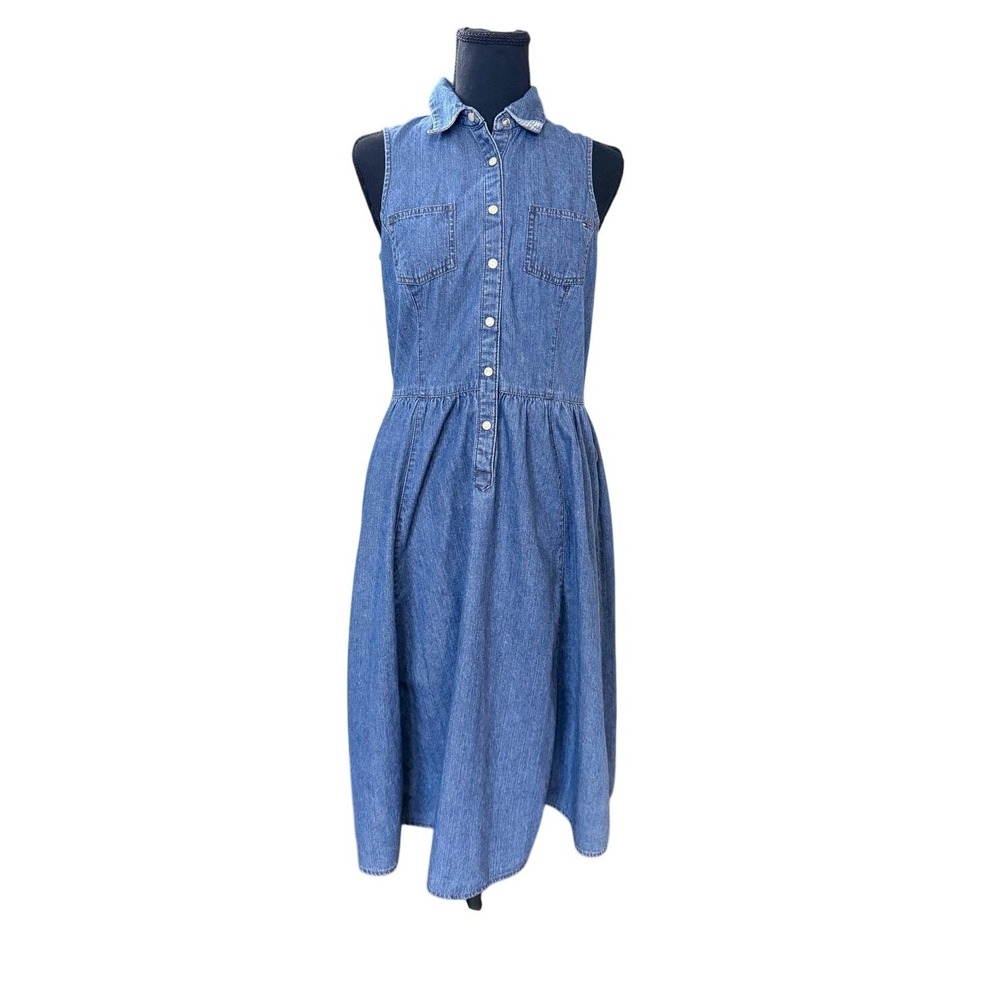 Y2K Tommy Hilfiger Women's Sleeveless Denim Midi‎ Skater Dress Blue Size 6